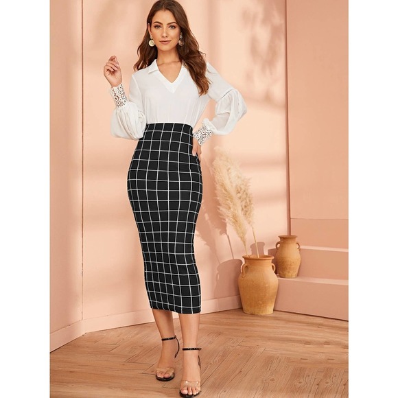 Grid plaid Pencil midi Skirt black white - Picture 3 of 5